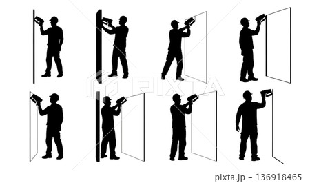 Black Solid Worker Staple Gun Silhouettes Set of Six on White Background 136918465
