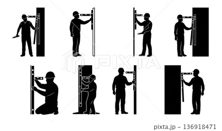 Black Solid Worker Spirit Level Silhouettes Set of Six on White Background Black Solid Worker Spirit Level Silhouettes Set of Six on White Background 136918471