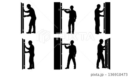 Black Solid Worker Spirit Level Silhouettes Set of Six on White Background Black Solid Worker Spirit Level Silhouettes Set of Six on White Background 136918473