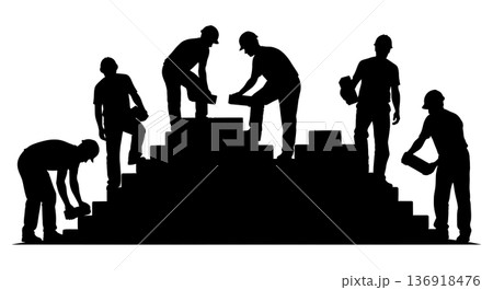 Black Solid Worker Stacking Bricks Silhouettes Set of Six on White Background Black Solid Worker Stacking Bricks Silhouettes Set of Six on White Background 136918476