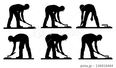 Black Solid Worker Smoothing Concrete Silhouettes Set of Six on White Background 136918484
