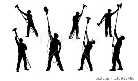 Black Solid Worker Sanding Drywall Silhouettes Set of Six on White Background 136918486