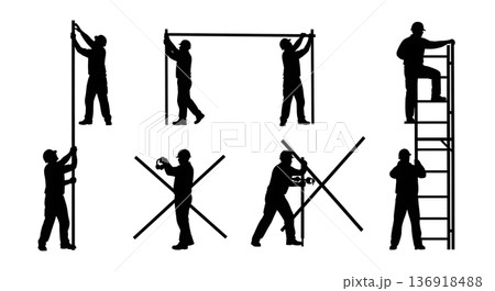 Black Solid Worker Scaffolding Silhouettes Set of Six on White Background Black Solid Worker Scaffolding Silhouettes Set of Six on White Background 136918488