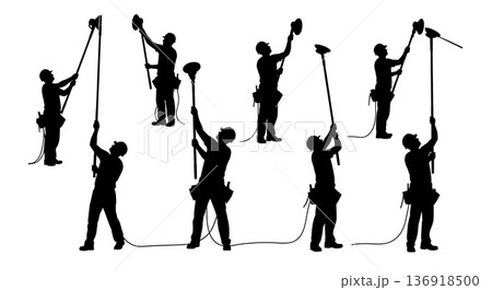 Black Solid Worker Sanding Drywall Silhouettes Set of Six on White Background 136918500