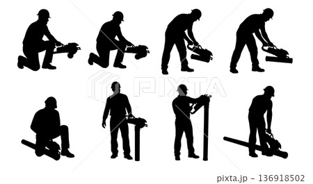 Black Solid Worker Reciprocating Saw Silhouettes Set of Six on White Background 136918502