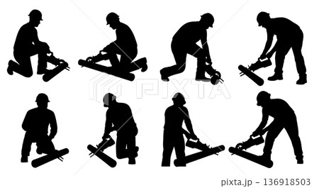 Black Solid Worker Reciprocating Saw Silhouettes Set of Six on White Background 136918503