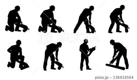 Black Solid Worker Reciprocating Saw Silhouettes Set of Six on White Background Black Solid Worker Reciprocating Saw Silhouettes Set of Six on White Background 136918504