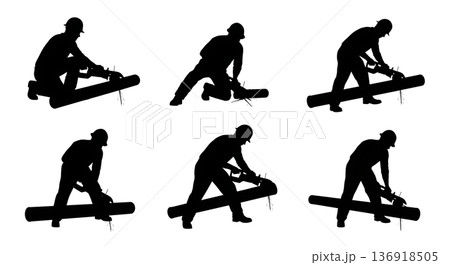 Black Solid Worker Reciprocating Saw Silhouettes Set of Six on White Background Black Solid Worker Reciprocating Saw Silhouettes Set of Six on White Background 136918505