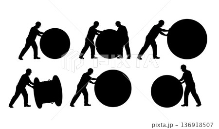 Black Solid Worker Rolling Cable Spool Silhouettes Set of Six on White Background 136918507