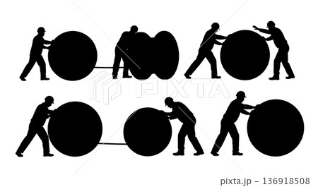 Black Solid Worker Rolling Cable Spool Silhouettes Set of Six on White Background 136918508
