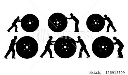 Black Solid Worker Rolling Cable Spool Silhouettes Set of Six on White Background 136918509