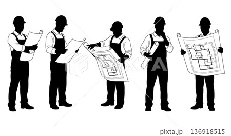 Black Solid Worker Reading Blueprints Silhouettes Set of Six on White Background Black Solid Worker Reading Blueprints Silhouettes Set of Six on White Background 136918515