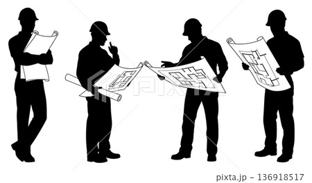 Black Solid Worker Reading Blueprints Silhouettes Set of Six on White Background Black Solid Worker Reading Blueprints Silhouettes Set of Six on White Background 136918517