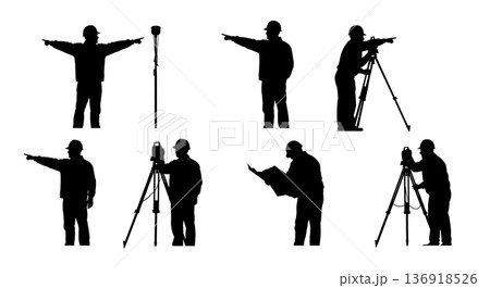 Black Solid Worker Pointing Distance Silhouettes Set of Six on White Background 136918526