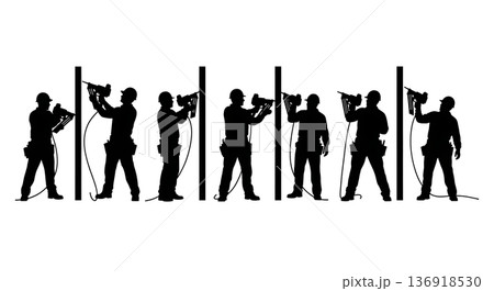 Black Solid Worker Nail Gun Silhouettes Set of Six on White Background Black Solid Worker Nail Gun Silhouettes Set of Six on White Background 136918530