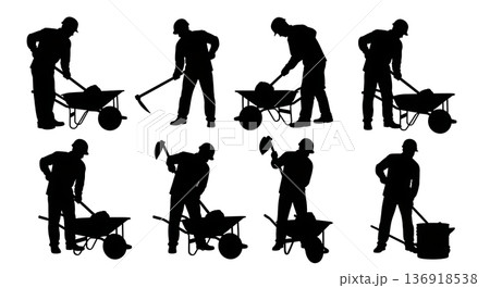Black Solid Worker Mixing Mortar Hoe Silhouettes Set of Six on White Background Black Solid Worker Mixing Mortar Hoe Silhouettes Set of Six on White Background 136918538