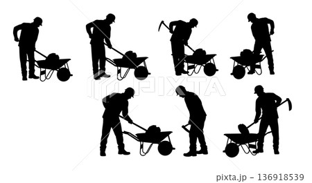 Black Solid Worker Mixing Mortar Hoe Silhouettes Set of Six on White Background Black Solid Worker Mixing Mortar Hoe Silhouettes Set of Six on White Background 136918539