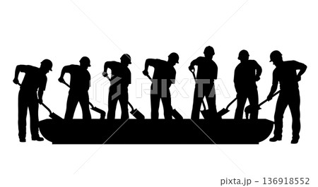 Black Solid Worker Mixing Concrete Silhouettes Set of Six on White Background 136918552