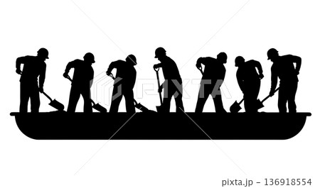 Black Solid Worker Mixing Concrete Silhouettes Set of Six on White Background 136918554