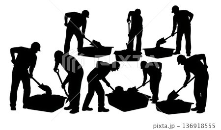 Black Solid Worker Mixing Concrete Silhouettes Set of Six on White Background Black Solid Worker Mixing Concrete Silhouettes Set of Six on White Background 136918555