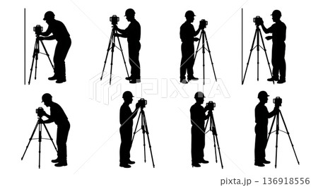 Black Solid Worker Laser Level Silhouettes Set of Six on White Background Black Solid Worker Laser Level Silhouettes Set of Six on White Background 136918556