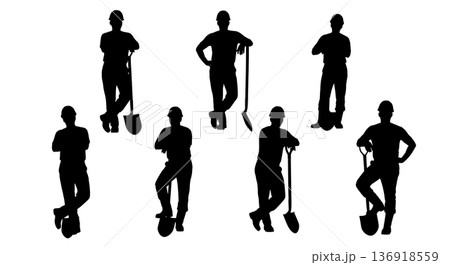 Black Solid Worker Leaning Shovel Silhouettes Set of Six on White Background Black Solid Worker Leaning Shovel Silhouettes Set of Six on White Background 136918559