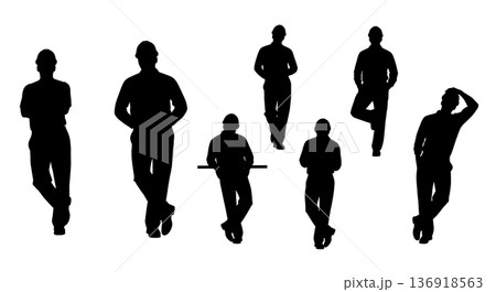 Black Solid Worker Leaning Wall Silhouettes Set of Six on White Background Black Solid Worker Leaning Wall Silhouettes Set of Six on White Background 136918563