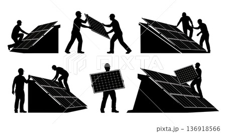 Black Solid Worker Solar Panel Silhouettes Set of Six on White Background Black Solid Worker Solar Panel Silhouettes Set of Six on White Background 136918566