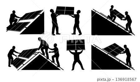 Black Solid Worker Solar Panel Silhouettes Set of Six on White Background 136918567