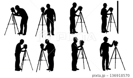 Black Solid Worker Laser Level Silhouettes Set of Six on White Background Black Solid Worker Laser Level Silhouettes Set of Six on White Background 136918570