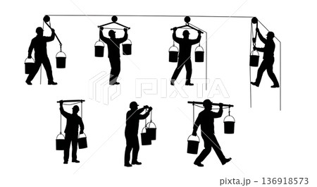 Black Solid Worker Hoisting Bucket Silhouettes Set of Six on White Background Black Solid Worker Hoisting Bucket Silhouettes Set of Six on White Background 136918573