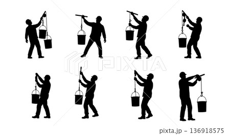 Black Solid Worker Hoisting Bucket Silhouettes Set of Six on White Background 136918575