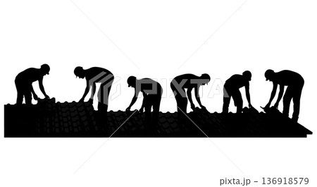 Black Solid Worker Inspect Roof Silhouettes Set of Six on White Background Black Solid Worker Inspect Roof Silhouettes Set of Six on White Background 136918579
