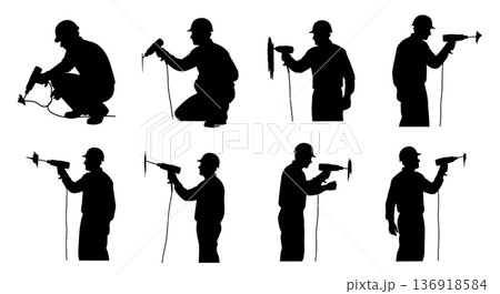 Black Solid Worker Heat Gun Silhouettes Set of Six on White Background 136918584