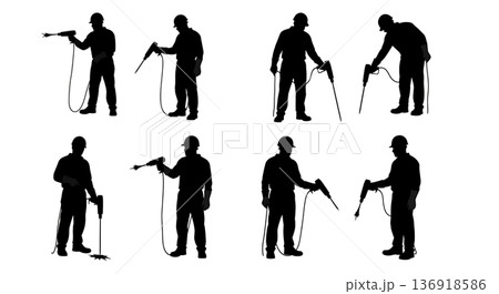 Black Solid Worker Heat Gun Silhouettes Set of Six on White Background 136918586
