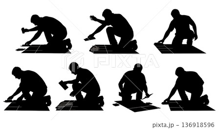 Black Solid Worker Grouting Tile Silhouettes Set of Six on White Background 136918596