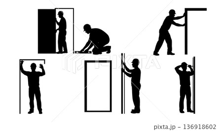 Black Solid Worker Fitting Door Silhouettes Set of Six on White Background Black Solid Worker Fitting Door Silhouettes Set of Six on White Background 136918602