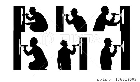 Black Solid Worker Flashlight Inspection Silhouettes Set of Six on White Background Black Solid Worker Flashlight Inspection Silhouettes Set of Six on White Background 136918605