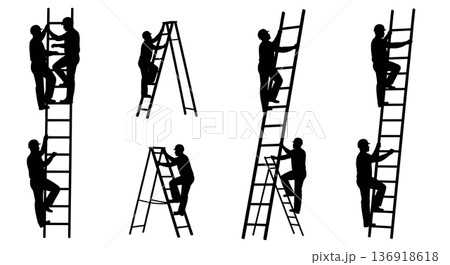 Black Solid Worker Climbing Ladder Silhouettes Set of Six on White Background Black Solid Worker Climbing Ladder Silhouettes Set of Six on White Background 136918618