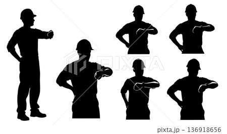 Black Solid Worker Checking Watch Silhouettes Set of Six on White Background Black Solid Worker Checking Watch Silhouettes Set of Six on White Background 136918656