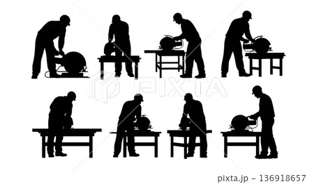 Black Solid Worker Circular Saw Silhouettes Set of Six on White Background Black Solid Worker Circular Saw Silhouettes Set of Six on White Background 136918657