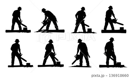 Black Solid Worker Chainsaw Silhouettes Set of Six on White Background Black Solid Worker Chainsaw Silhouettes Set of Six on White Background 136918660