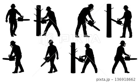 Black Solid Worker Chainsaw Silhouettes Set of Six on White Background 136918662