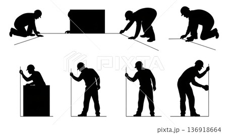 Black Solid Worker Chalk Line Silhouettes Set of Six on White Background 136918664