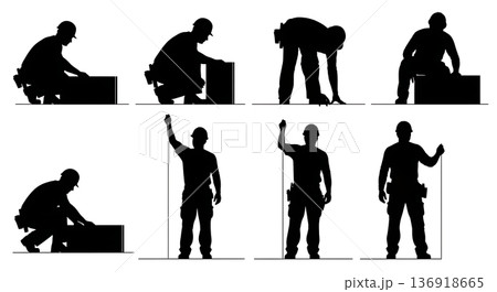 Black Solid Worker Chalk Line Silhouettes Set of Six on White Background Black Solid Worker Chalk Line Silhouettes Set of Six on White Background 136918665