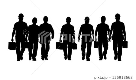 Black Solid Worker Carrying Toolbox Silhouettes Set of Six on White Background Black Solid Worker Carrying Toolbox Silhouettes Set of Six on White Background 136918668