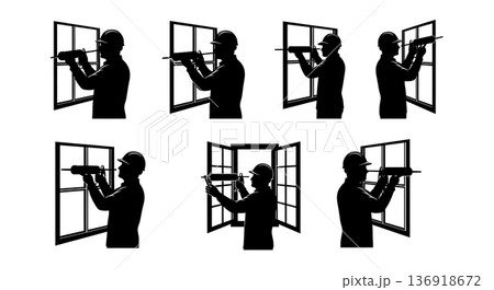 Black Solid Worker Caulk Gun Silhouettes Set of Six on White Background 136918672