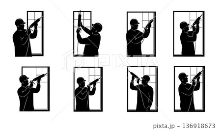 Black Solid Worker Caulk Gun Silhouettes Set of Six on White Background Black Solid Worker Caulk Gun Silhouettes Set of Six on White Background 136918673