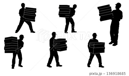 Black Solid Worker Carrying Tile Boxes Silhouettes Set of Six on White Background Black Solid Worker Carrying Tile Boxes Silhouettes Set of Six on White Background 136918685