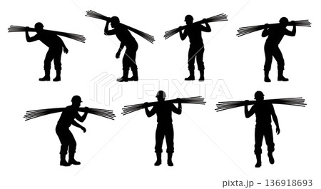 Black Solid Worker Carrying Rebar Silhouettes Set of Six on White Background Black Solid Worker Carrying Rebar Silhouettes Set of Six on White Background 136918693